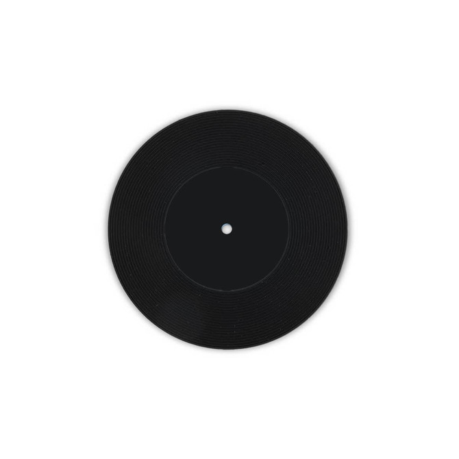 A black coaster designed to resemble a vinyl record, featuring grooves and a central hole.