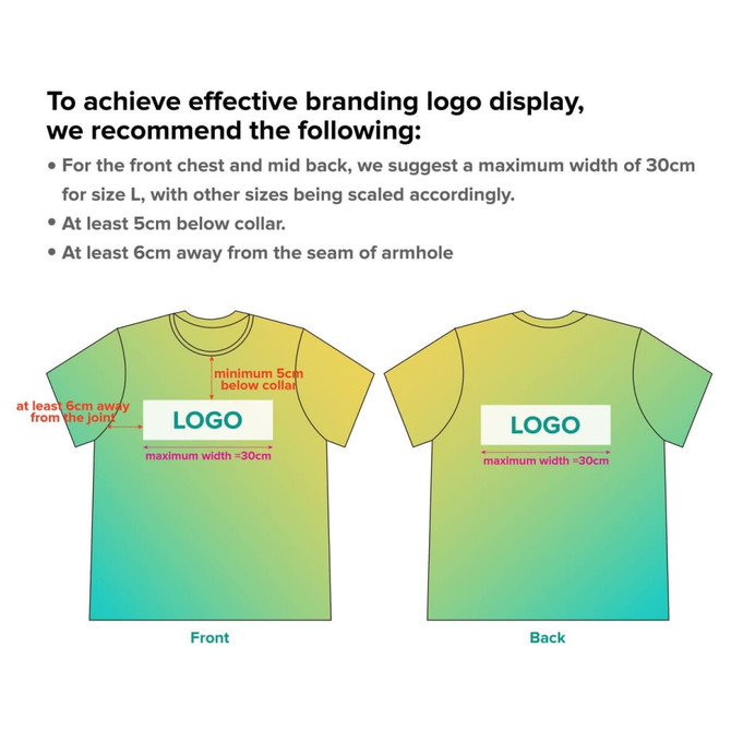A guideline image for logo placement on a green gradient T-shirt with front and back views, featuring measurements.