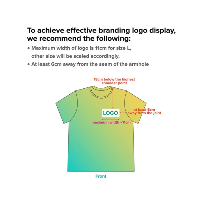 A white t-shirt mockup featuring guidelines for logo placement and dimensions, with a colourful gradient background.