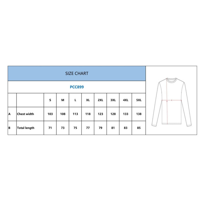 A size chart for a men's long sleeves fishing shirt, featuring measurements for chest width and total length.