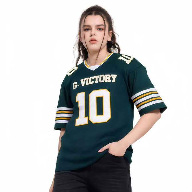 A green unisex hockey jersey with a loose fit, featuring yellow stripes and a logo with the number 10.