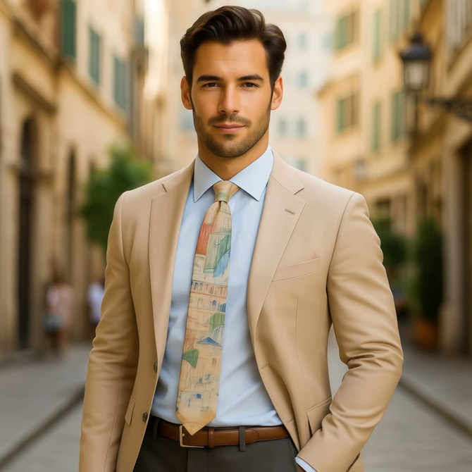 A man in a beige suit and light blue shirt wears a printed tie, showcasing various colours and patterns in a street setting.