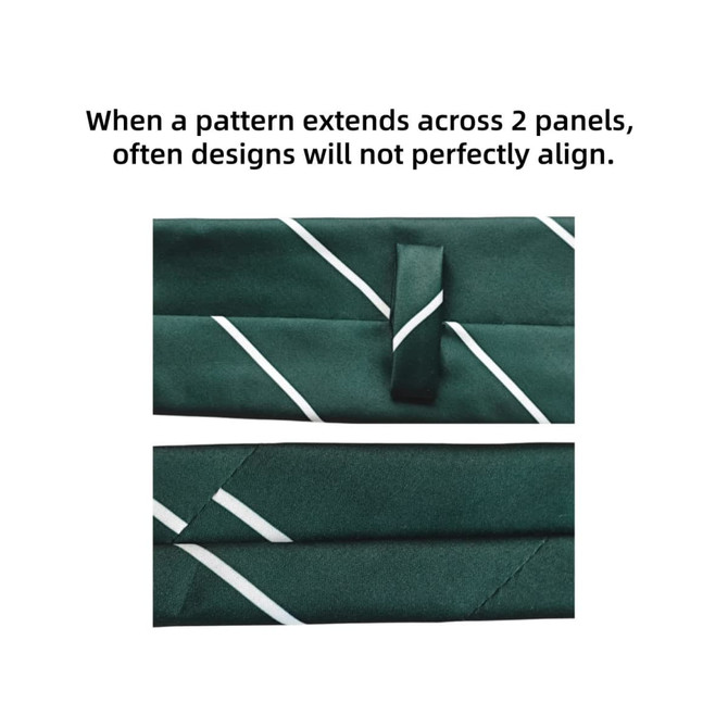 A green 100% polyester printed tie featuring white stripes and a logo. The design spans across two panels.