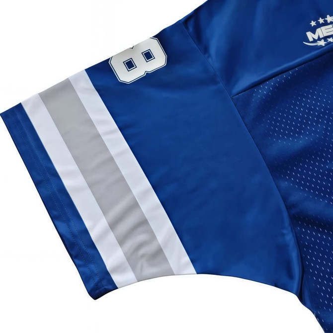 A blue jersey with a spliced design, featuring grey stripes and a logo. The sleeve has a number '88'.