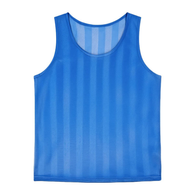 A blue, breathable training bib made from 100% polyester mesh, featuring a logo on the front.