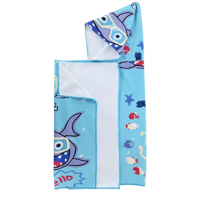 A blue, double-sided fleece hooded towel featuring whimsical ocean-themed characters and a logo.