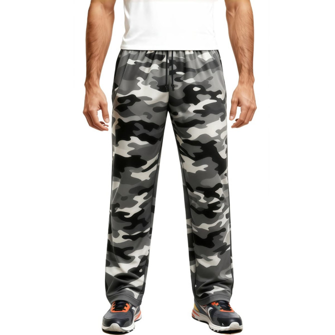 Breathable quick-drying fishing pants in a grey camouflage pattern, featuring an elastic waistband and logo branding.