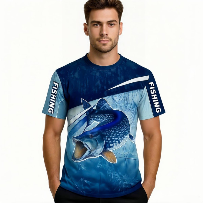 A short-sleeve fishing T-shirt featuring a blue and white design, with a graphic of a fish and a branding logo.