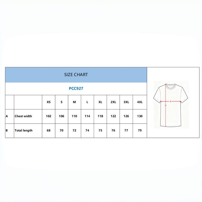 A size chart for a T-shirt, displaying measurements for various sizes including chest width and total length.