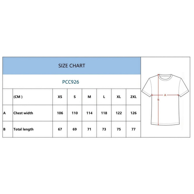 A size chart for a T-shirt, detailing chest width and total length measurements in centimetres.