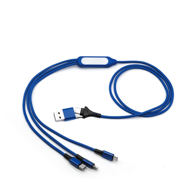 A blue 6-in-1 charging cable with multiple connectors and a USB port, featuring a logo on the cable.