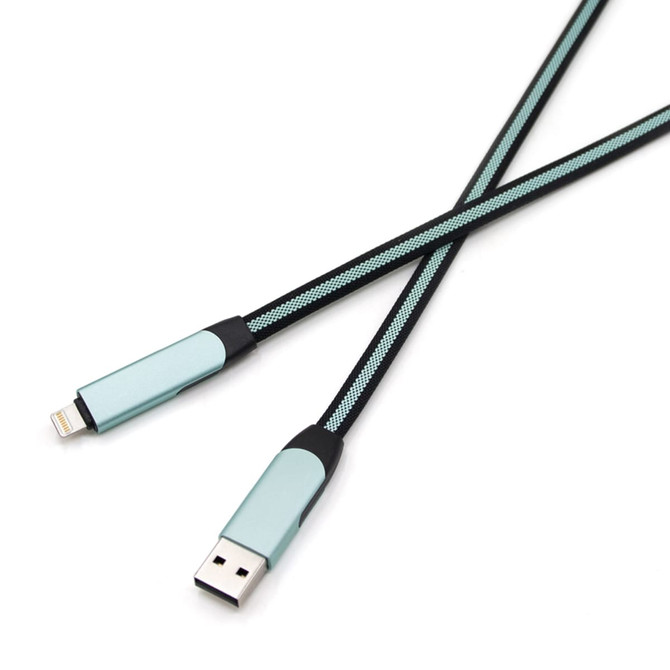 A long braided charging cable featuring USB and Lightning connectors, in light blue and black.