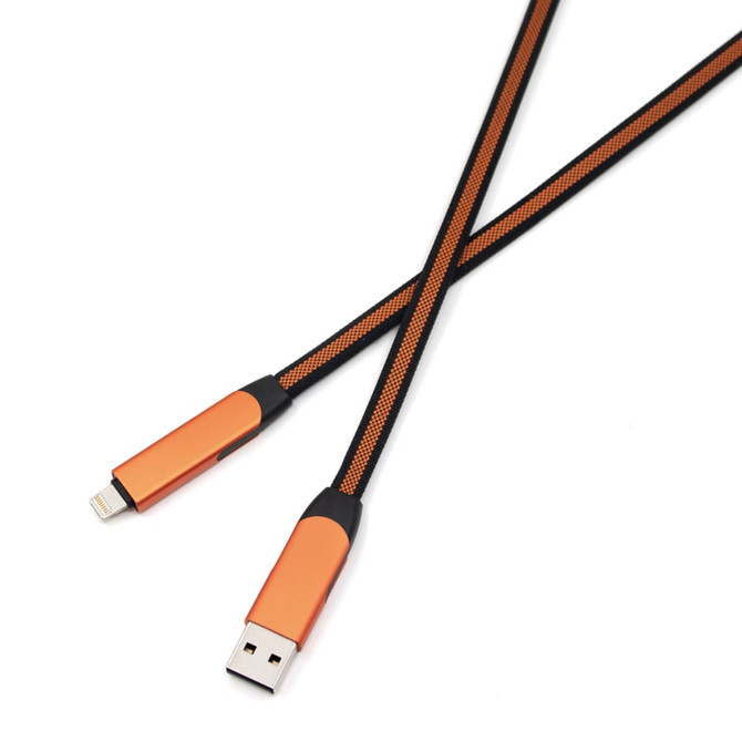 A long braided charging cable in orange and black, featuring USB connectors at each end.