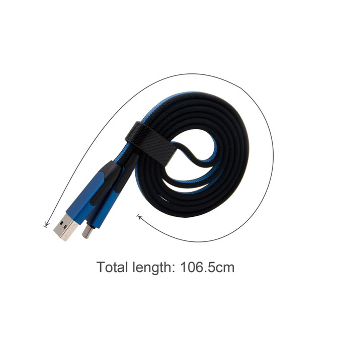 A long, braided charging cable in black and blue, coiled with USB and connector ends, measuring 106.5 cm.