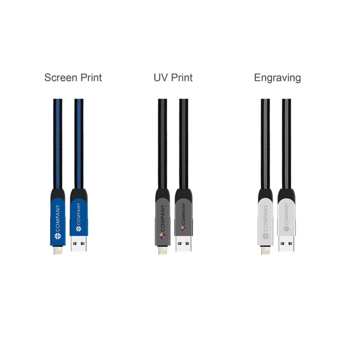 A long braided charging cable in multiple colours, featuring different printing options and connectors.