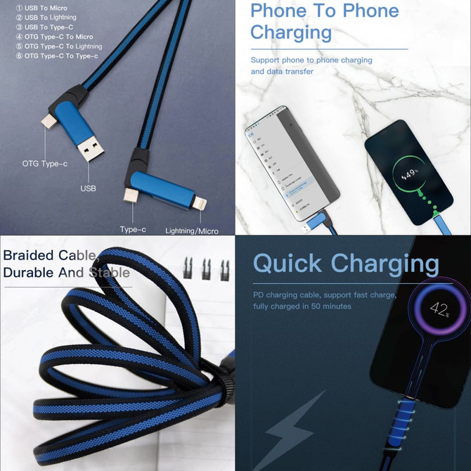 A 60W 6-in-1 long braided charging cable in blue, featuring multiple connector types and a logo.