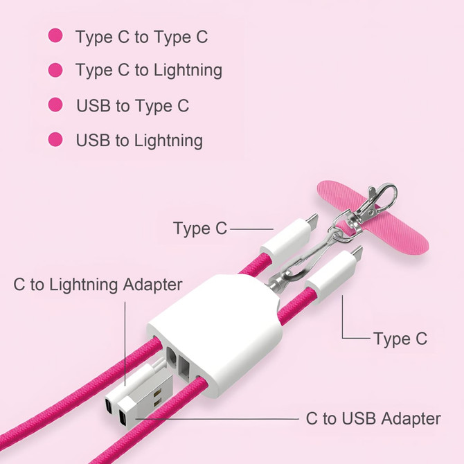 A pink 4-in-1 charging phone lanyard with multiple Type C, USB, and Lightning connectors, featuring a clip and adapters.