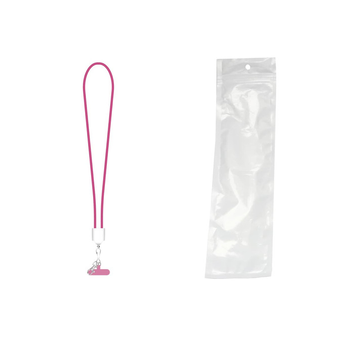 A pink lanyard with a charging connector, packaged in a clear plastic bag.