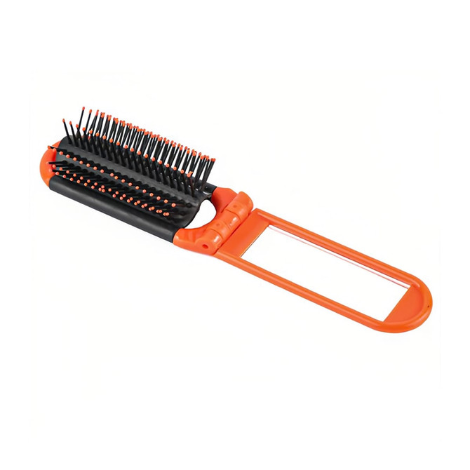 A folding hair brush with mirror in orange and black, featuring bristles and a compact design.