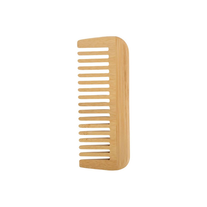 A bamboo comb with a light natural finish and wide teeth, featuring a smooth, rounded design.