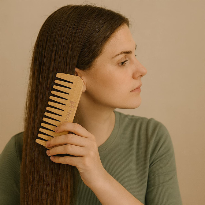 A bamboo comb held by a woman with long, straight hair, set against a neutral background.