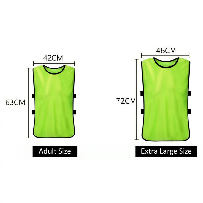 A bright green polyester training bib with adjustable straps, available in adult and extra-large sizes.