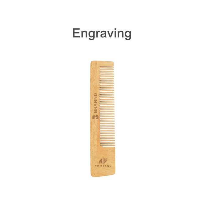 A short-handled beech wood comb with engraved branding, featuring a natural wooden colour and a fine-toothed design.