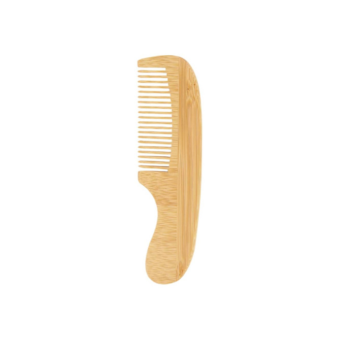 A natural small bamboo comb with a handle, featuring a light brown colour and a sleek design. It includes a logo.