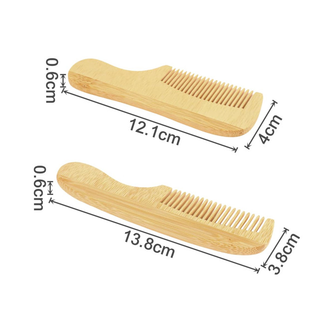 A natural small bamboo comb with handle in light brown, featuring a wide-tooth design and measurements indicated.