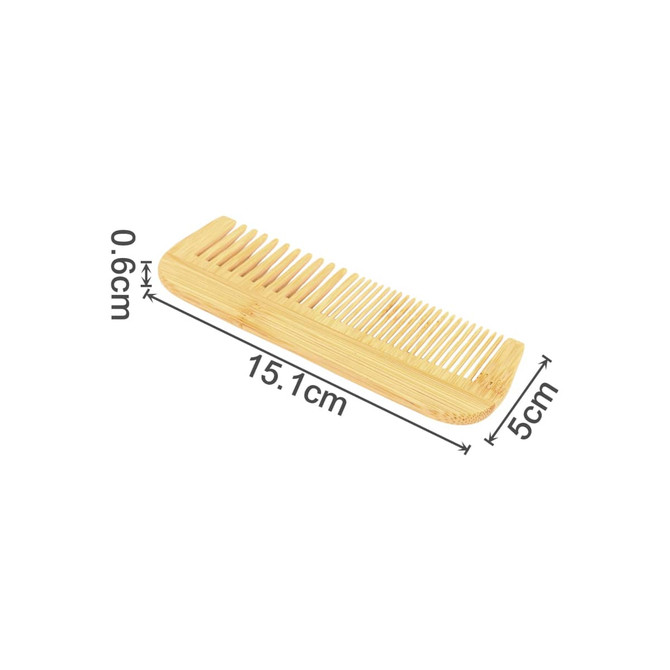 A mixed-tooth bamboo comb in natural wood colour, measuring 15.1 cm by 5 cm and 0.6 cm thick.