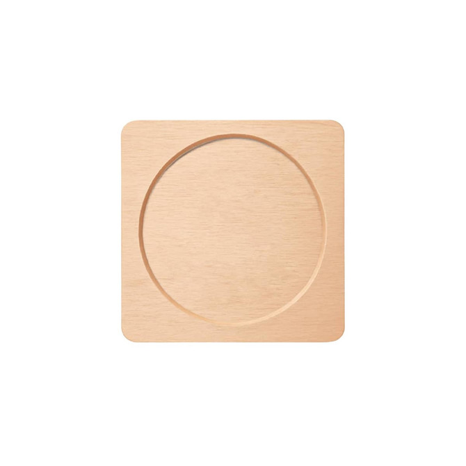 A wooden coaster featuring a square shape with a circular center, showcasing natural wood tones.