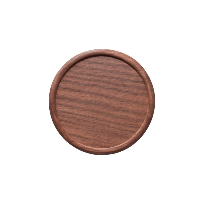A round wooden coaster in a rich brown hue with a smooth finish and slightly raised edges.