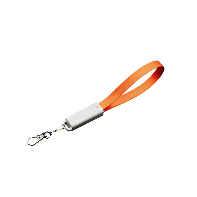 An orange charging cable strap with a clip and a grey connector. It includes multiple cable options in one product.