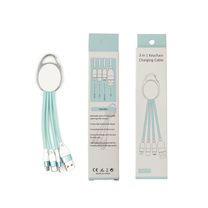 A 3 in 1 charging cable in teal, featuring USB, Micro USB, and Lightning connectors, attached to a keyring.