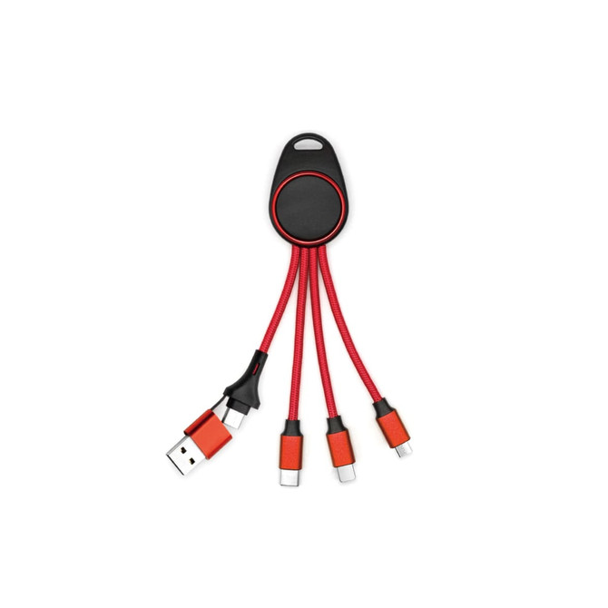 A light up charging cable with a USB connector and three vibrant red micro connectors, all housed in a black case with a logo.