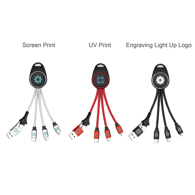 A 6-in-1 light-up charging cable in black, red, and white with multiple connectors and an emblem on each.