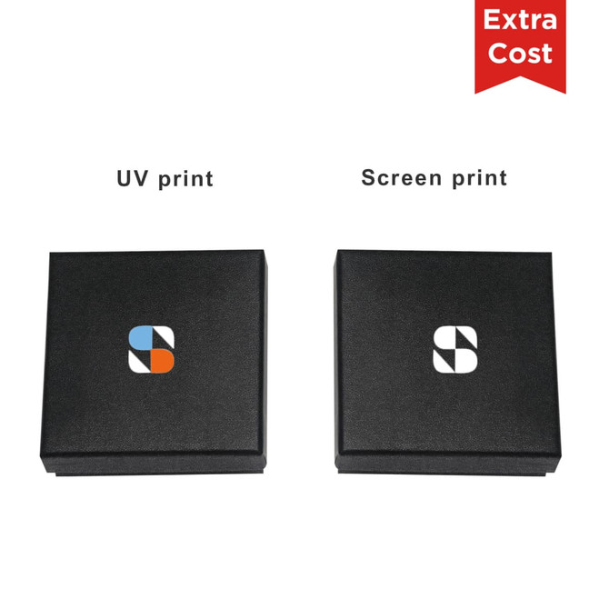 Two black boxes featuring different printing styles and a logo, one with UV print and the other with screen print.