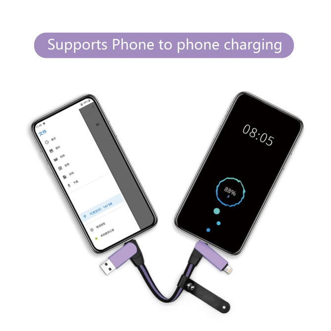 A braided charging cable in purple connects two smartphones, showing battery details on one screen and a menu on the other.