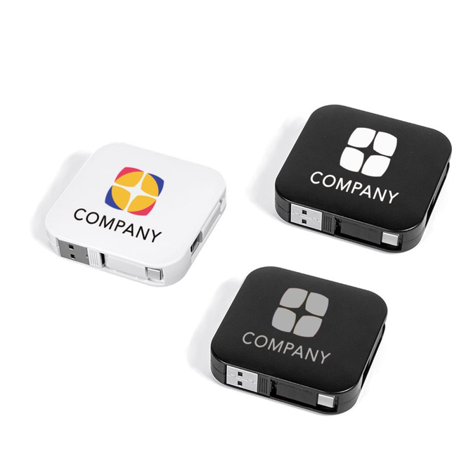 A set of three retractable charging cables in black and white, featuring varied logos on their surfaces.