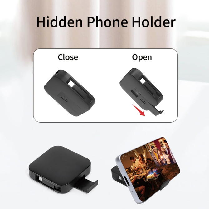 A 60W 4-in-1 retractable charging cable in black with a hidden phone holder feature.