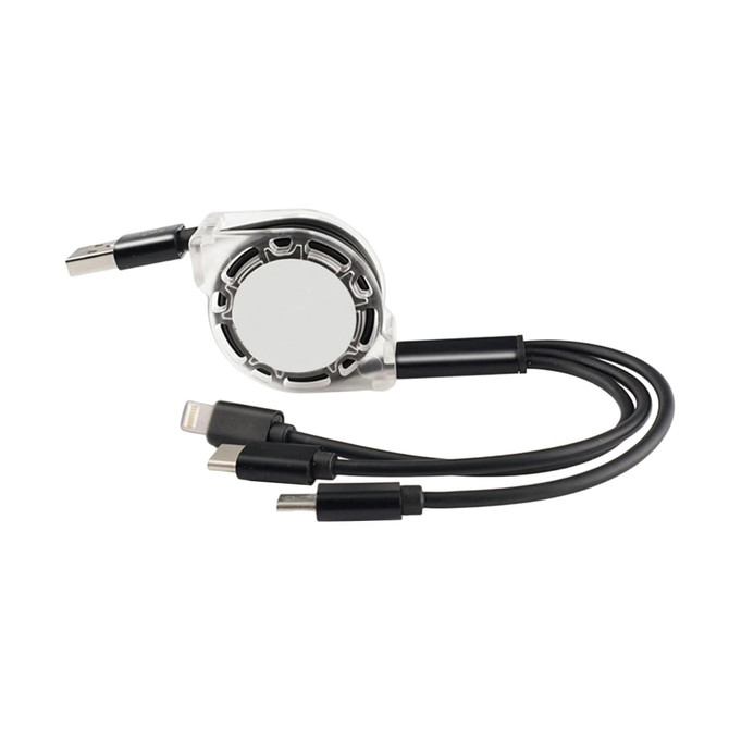 A retractable charging cable in black and silver with multiple connections: USB, Lightning, and USB-C.