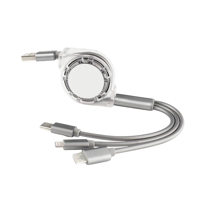 A retractable charging cable in grey, featuring multiple connectors for different devices and a circular casing.