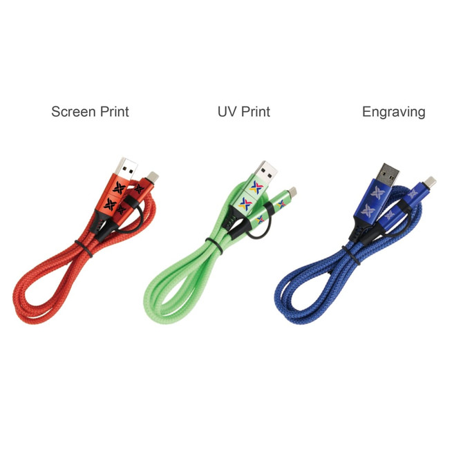 A braided charging cable available in red, green, and blue, featuring USB connectors. Includes a logo.