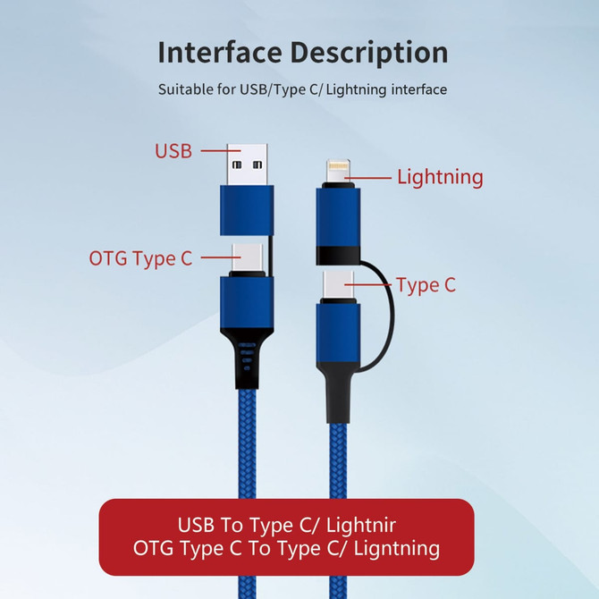 A blue 60W Long 4-in-1 braided charging cable with USB, Type C, and Lightning connectors. Features a branded logo.