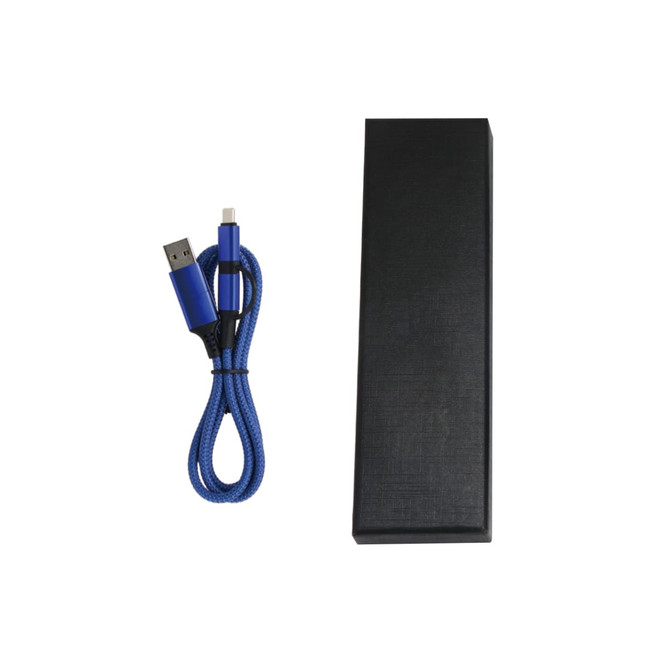 A blue braided charging cable with a USB connector and a black rectangular box packaging.