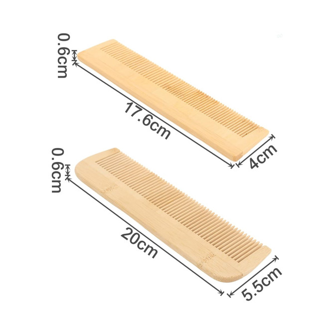 A fine-tooth bamboo comb in natural wood colour, featuring two sizes with measurements indicated.