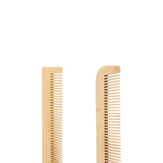 A fine-tooth bamboo comb in a natural finish, featuring two styles with evenly spaced teeth.