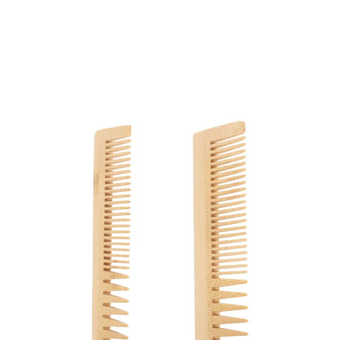 Two bamboo combs are displayed, featuring a natural wood finish and varying tooth styles. They have a simple design.