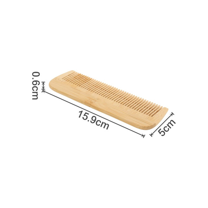 A fine-tooth bamboo comb in natural bamboo colour, measuring 15.9 cm by 5 cm. The comb features a smooth, rounded edge and has a logo.