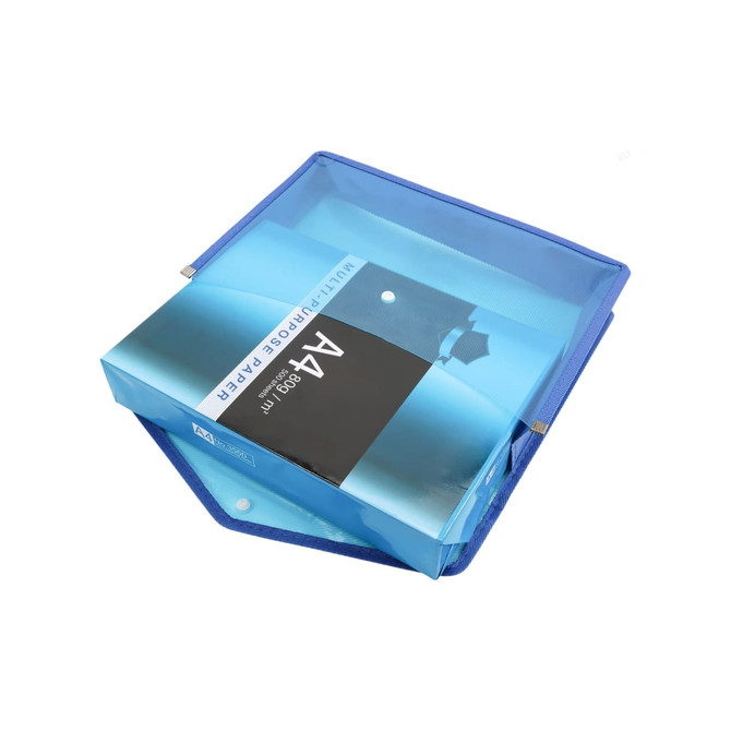 A blue expanding document folder containing A4-size papers, with a transparent front pocket and a logo.